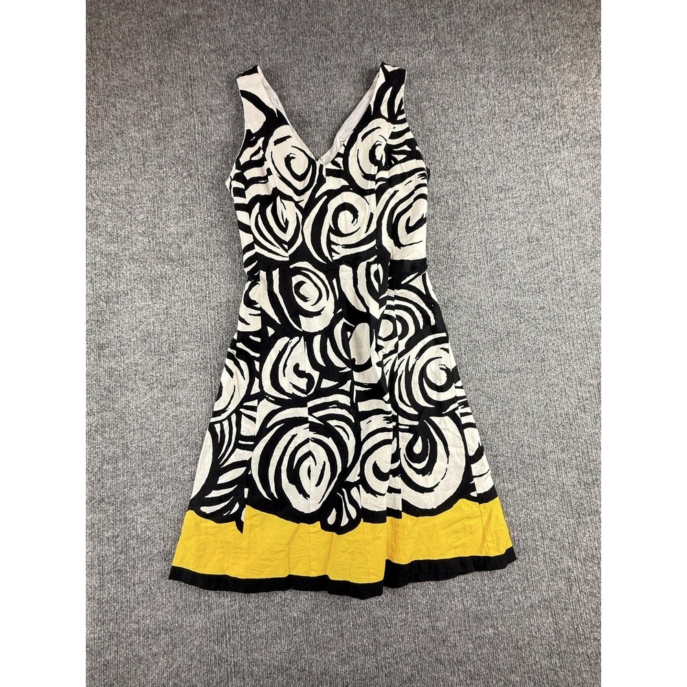 Karin Stevens Dress Womens 10 Black White Yellow Floral V Neck Fit & Flare